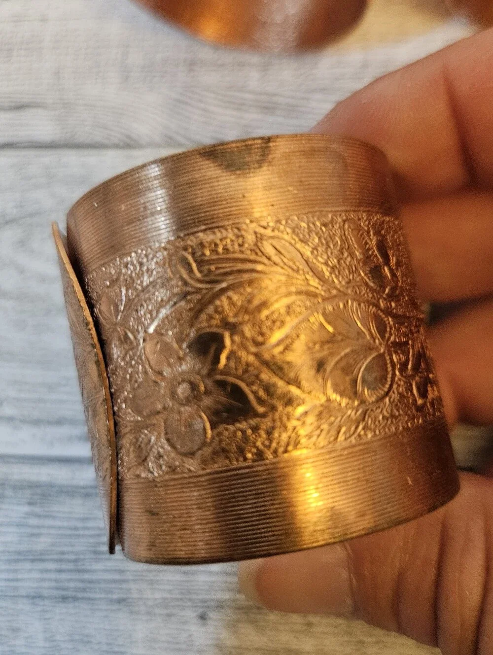 Vintage Copper Napkin Rings Lot of 7 Etched Floral Design